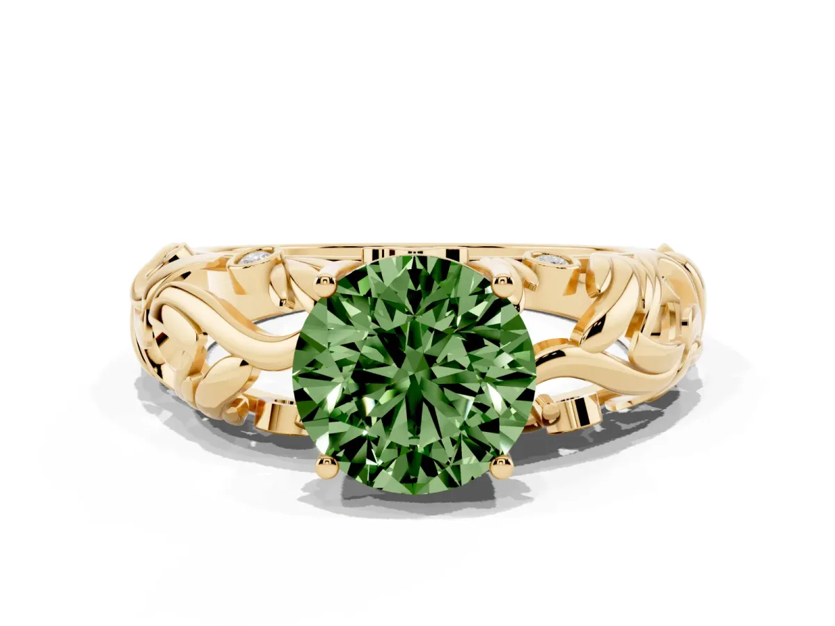Fancy Green Round Cut Solitaire Diamond Leaf-Inspired Vine Band Ring with Prong Setting Yellow gold