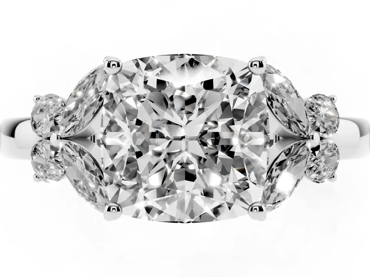 Cushion Cut Cut Solitaire Floral Diamond Ring with Four-Prong Setting Silver