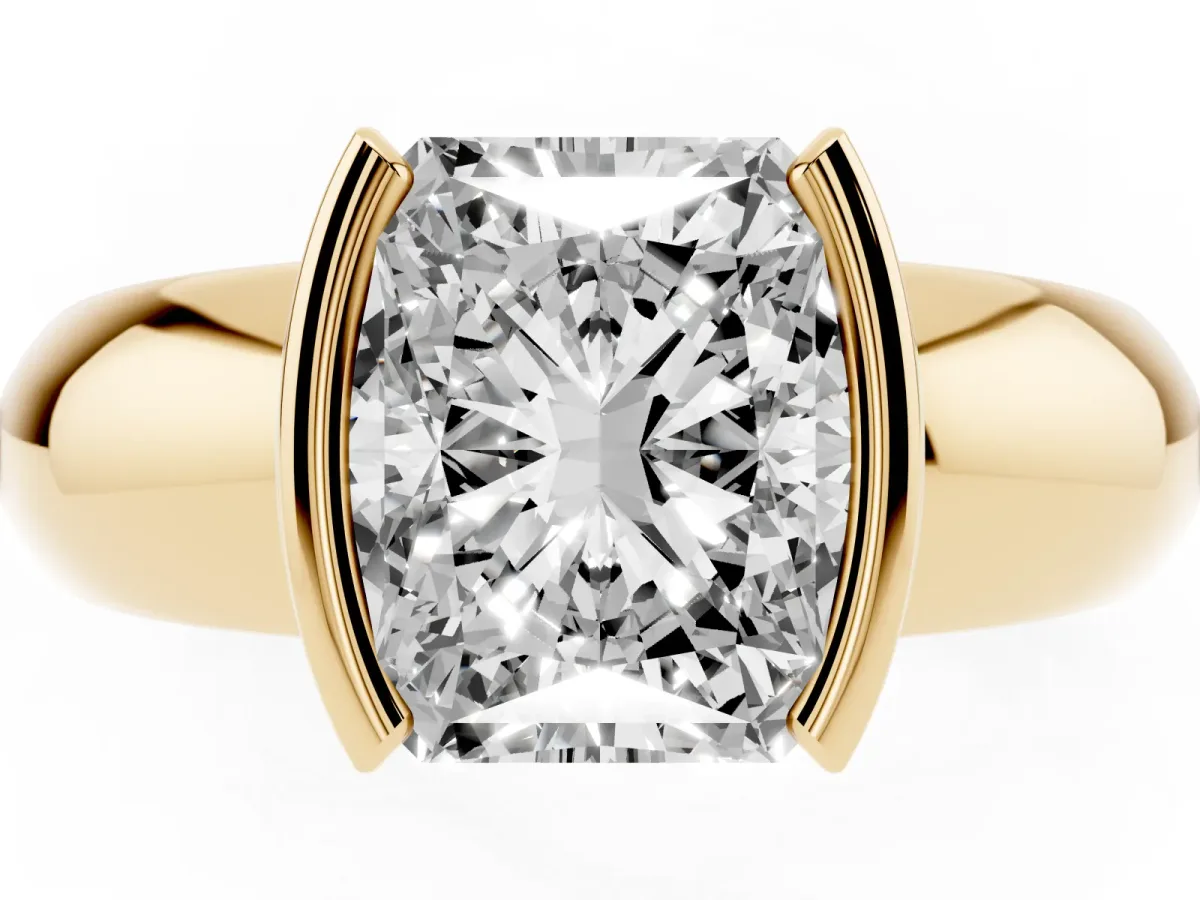 Radiant Cut Solitaire Tension Set Diamond Ring with Wide Band Yellow gold