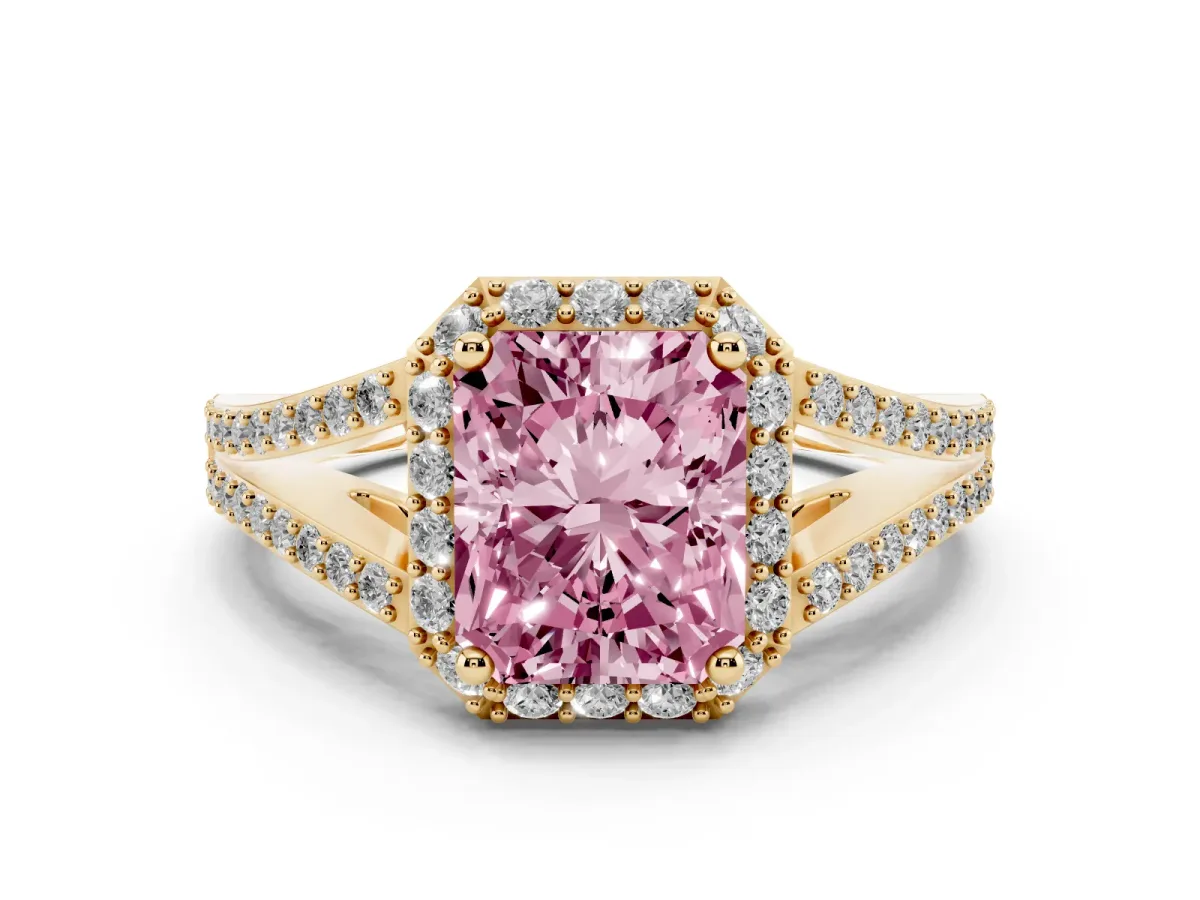 Fancy Pink Radiant Cut Halo Split Shank Diamond Ring with Prong Setting Yellow gold