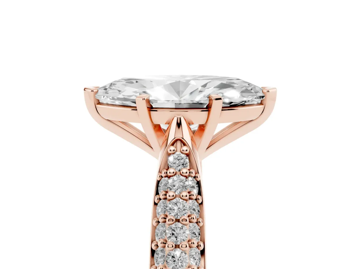 Marquise Cut Diamond Solitaire Engagement Ring with Multi-Row Round Pavé Band and Prong Setting Rose gold