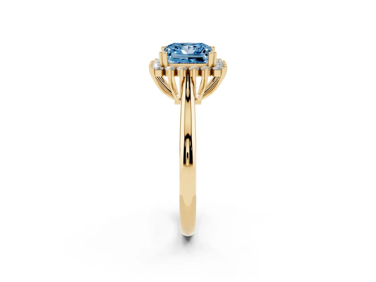 Fancy Blue Princess Cut Cut Diamond Halo Ring with Solitaire Band and Prong Setting Yellow gold