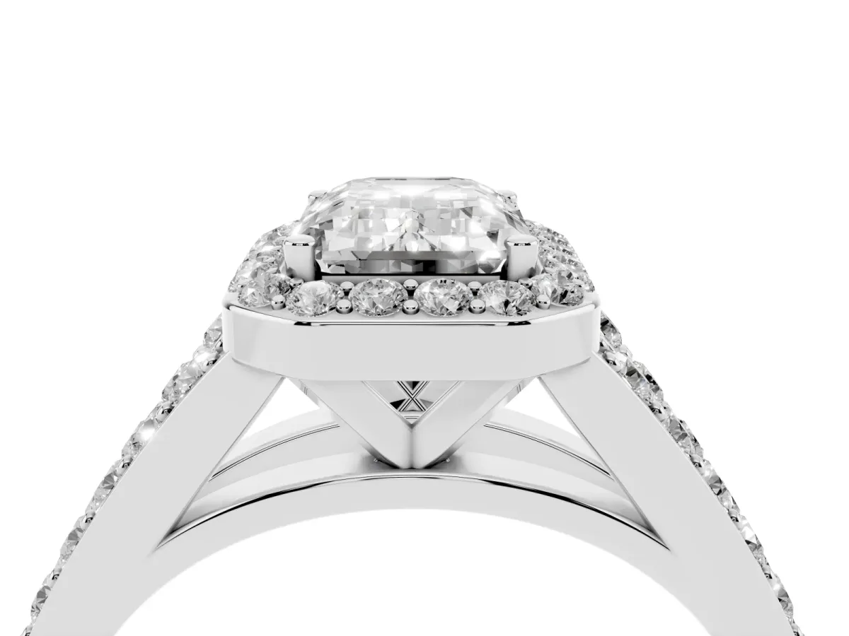 Emerald Cut Diamond Split Shank Halo Ring with Four-Prong Setting Platinum