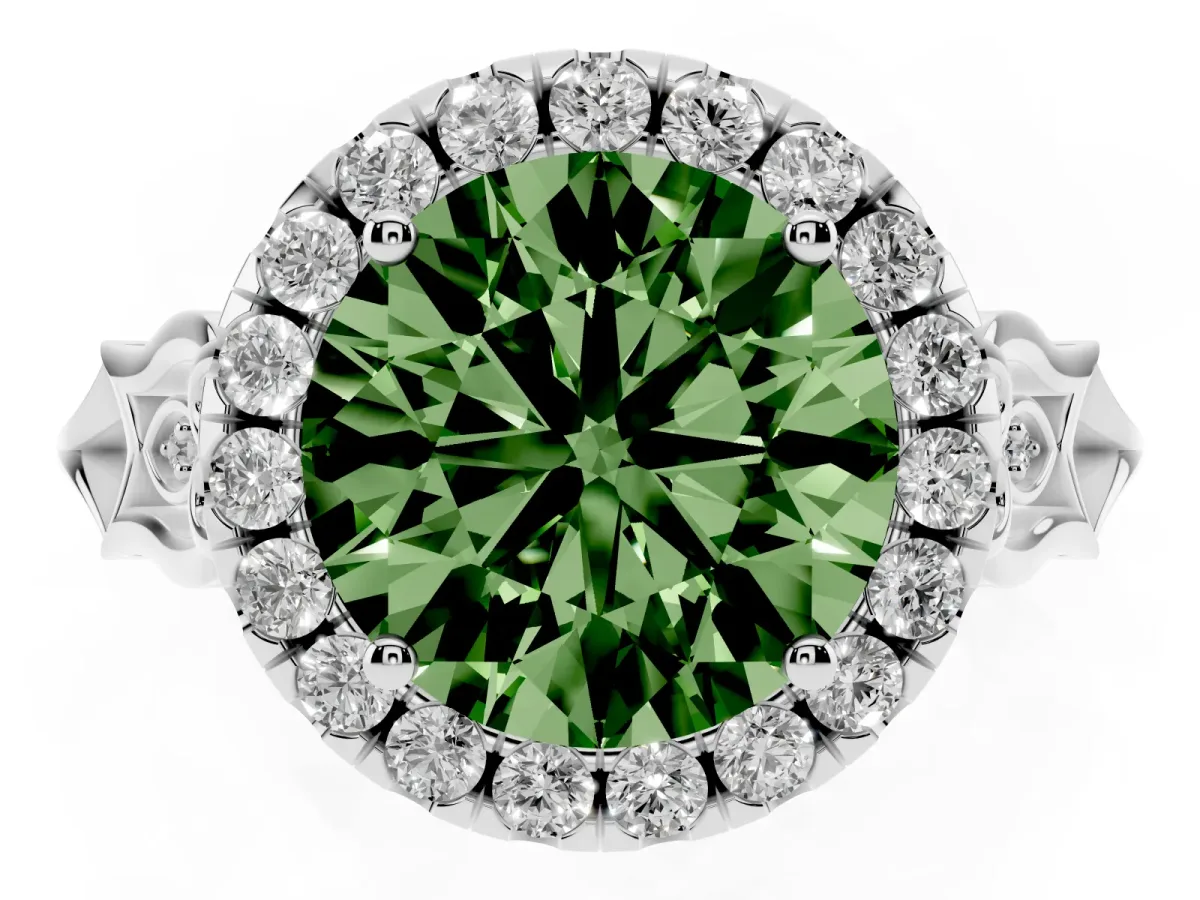 Fancy Green Round Cut Halo Diamond Engagement Ring with Filigree Band and Four-Prong Setting Platinum