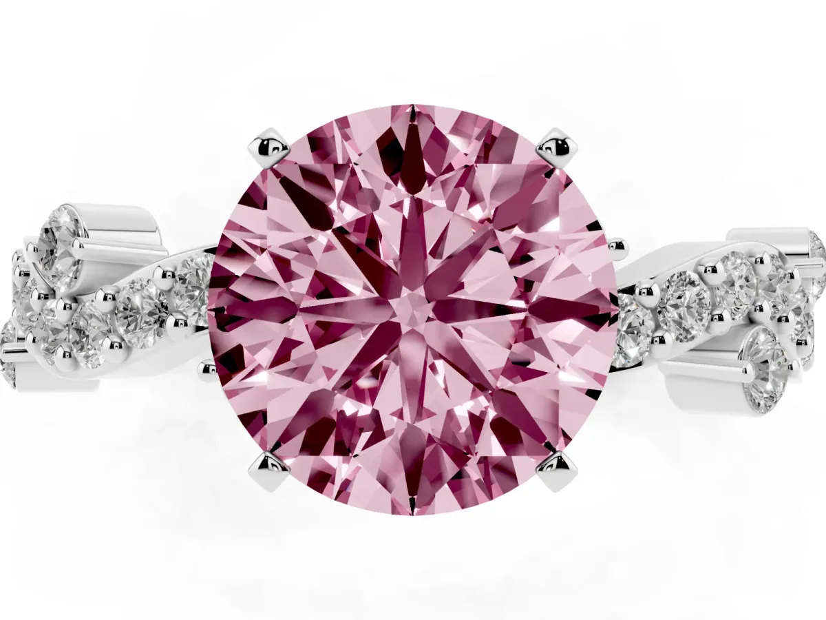 Fancy Pink Round Cut Cut Solitaire Diamond Twisted Band with Pave Setting Silver