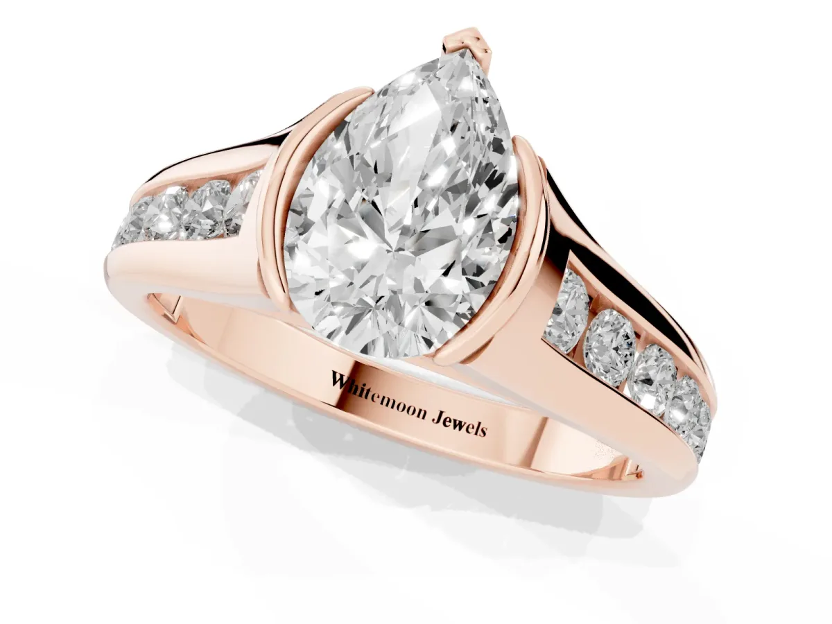 Pear Cut Solitaire Bezel-Set Diamond Ring with Channel-Set Band Rose gold