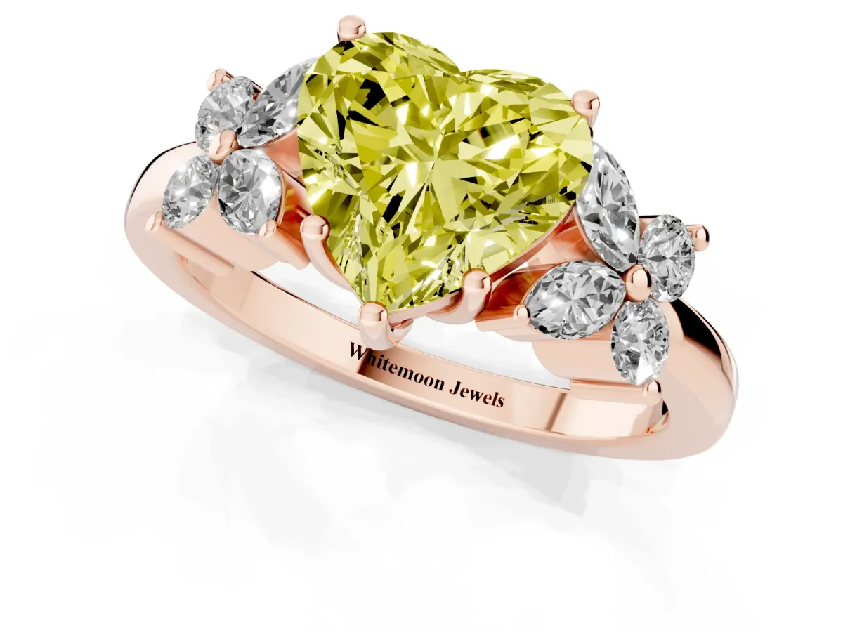 Fancy Yellow Heart Cut Diamond Floral Cluster Ring with Solitaire Band and Prong Setting Rose gold
