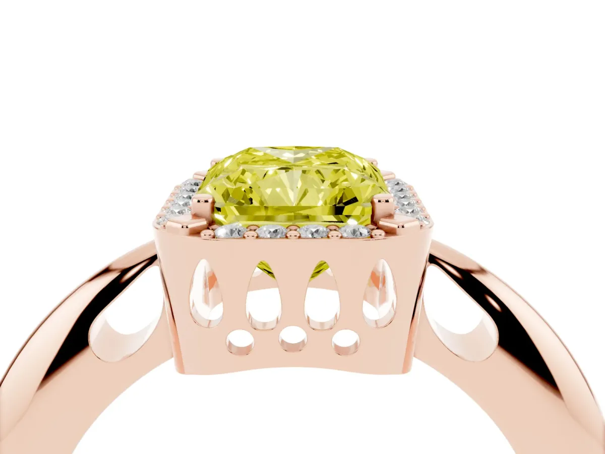 Fancy Yellow Radiant Cut Cut Diamond Halo Engagement Ring with Split Shank and Four-Prong Setting Rose gold