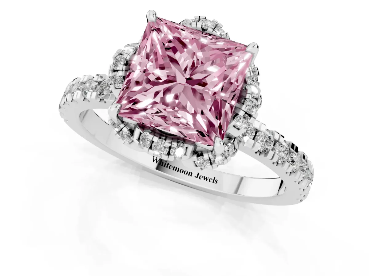 Fancy Pink Princess Cut Halo Diamond Pave Band Ring with Four-Prong Setting White gold