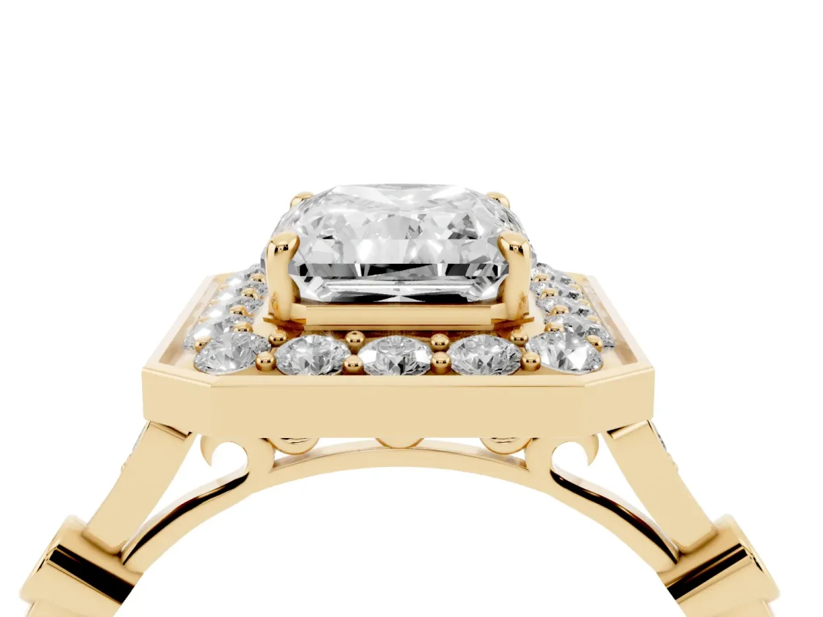 Radiant Cut Halo Diamond Engagement Ring with Twisted Band and Four-Prong Setting Yellow gold