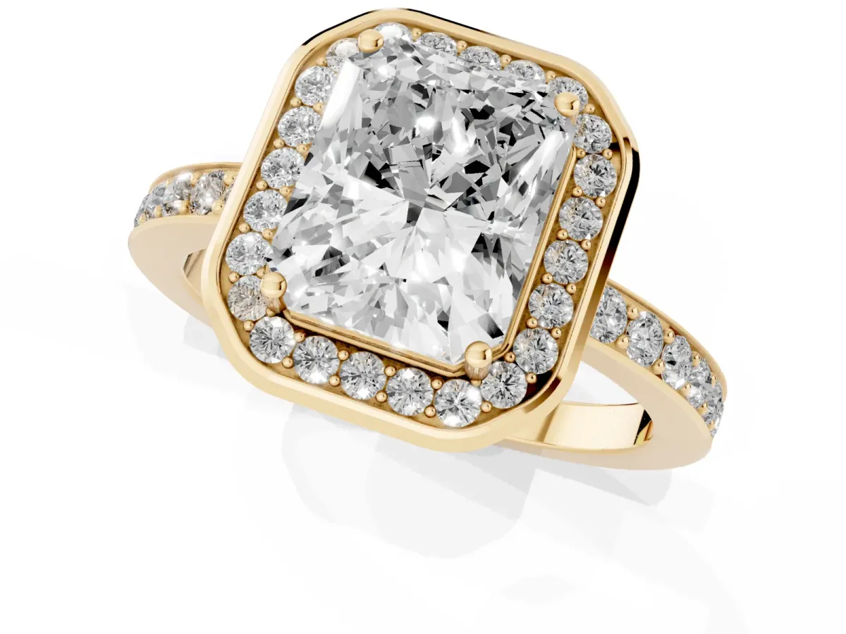 Radiant Cut Diamond Halo Ring with Bezel Frame and Pavé Band Yellow gold
