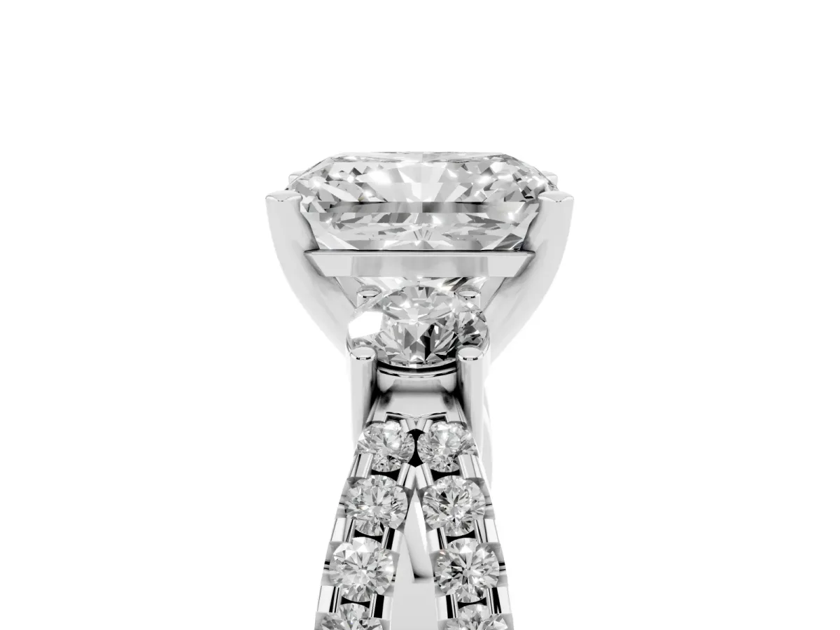Radiant Cut Diamond Three-Stone Ring with Pavé Split Shank and Four-Prong Setting Silver