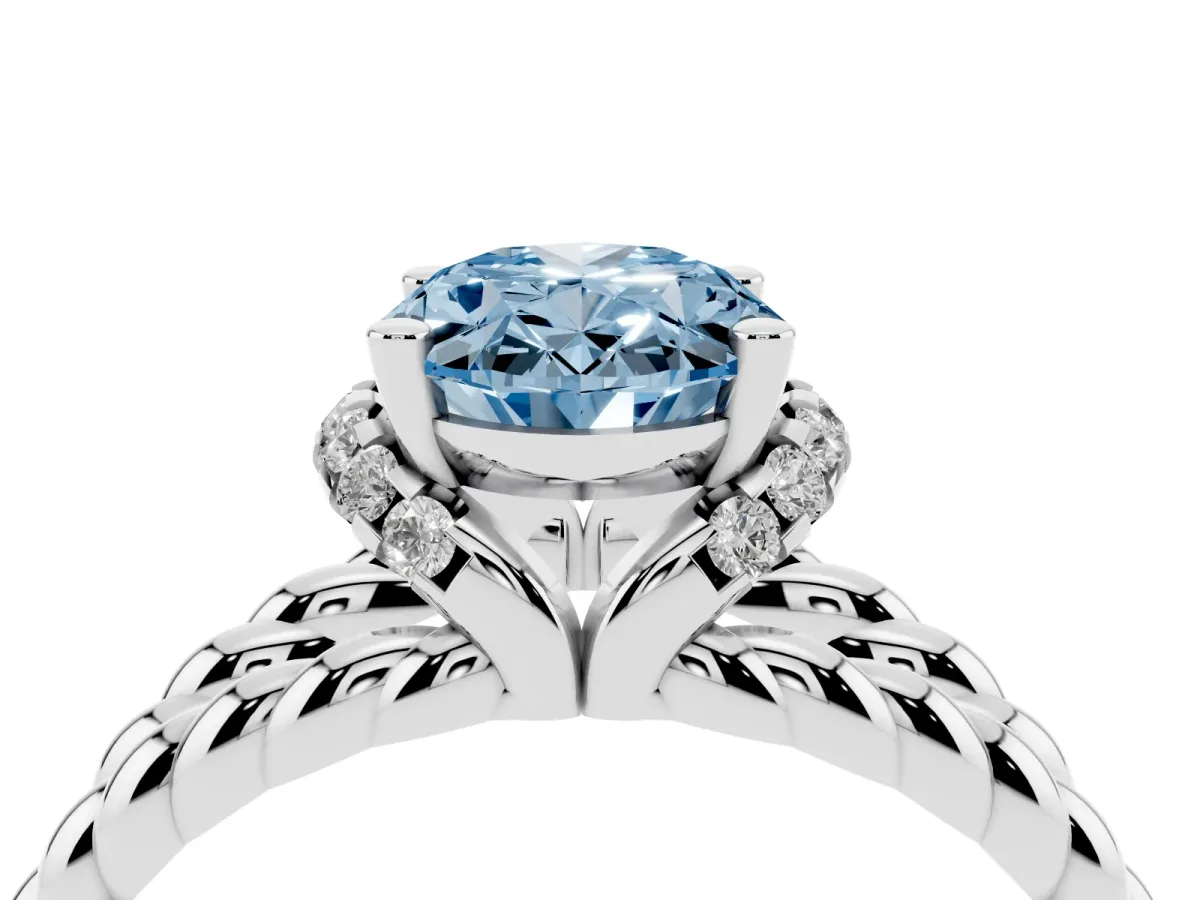 Fancy Blue Oval Cut Halo Twisted Band Four-Prong Ring Silver
