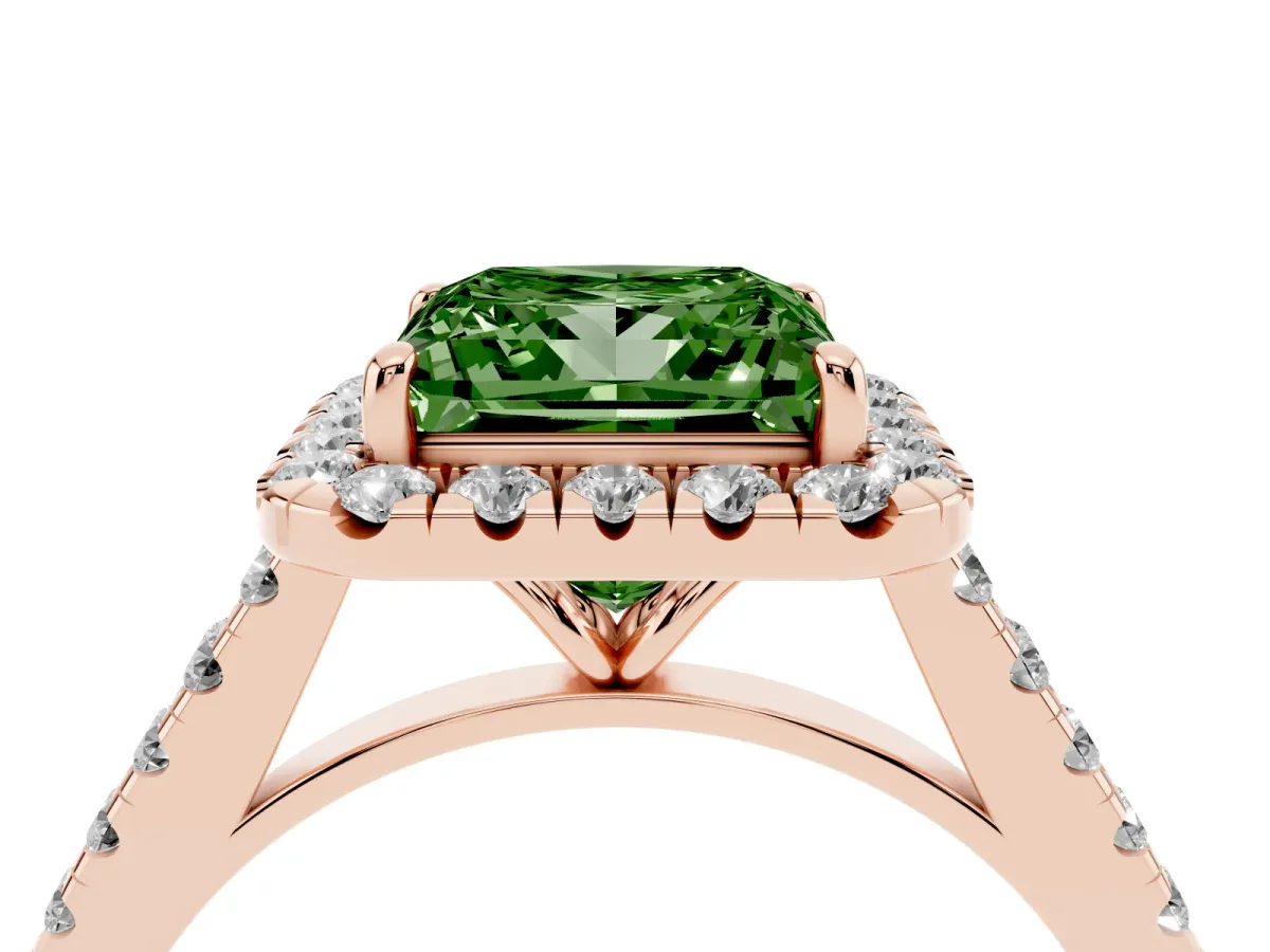 Fancy Green Princess Cut Halo Pave Diamond Engagement Ring with Four-Prong Setting Rose gold