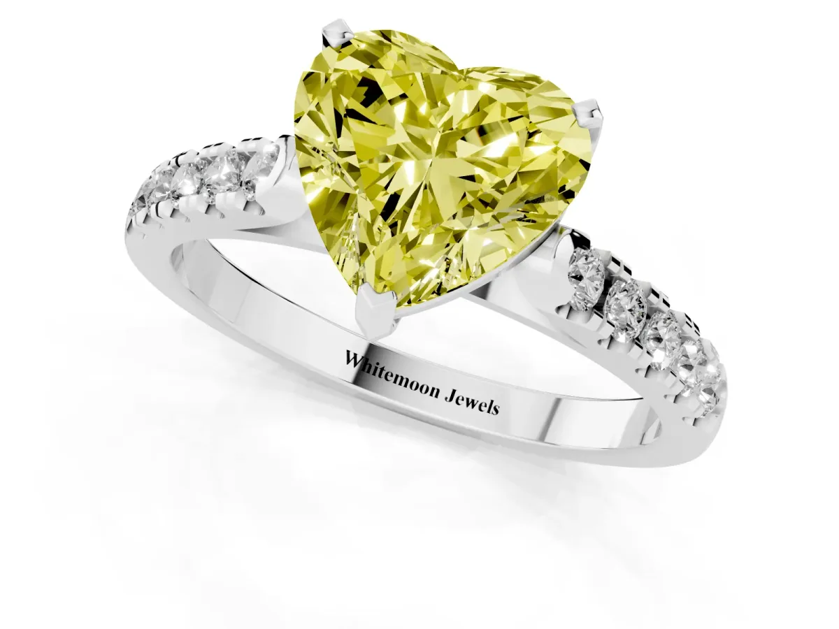 Fancy Yellow Heart Cut Diamond Pavé Band Solitaire Ring with Prong Setting Platinum