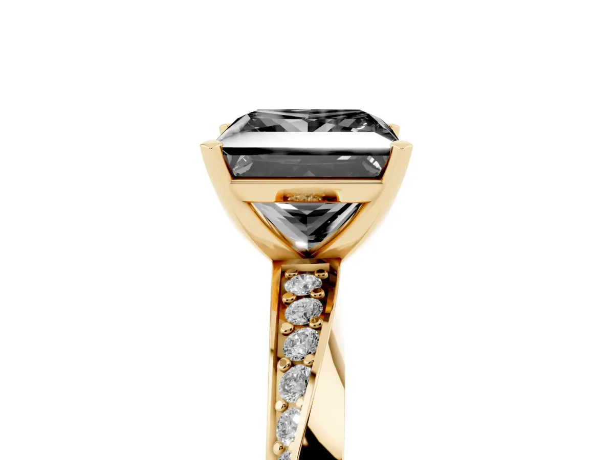 Fancy Black Princess Cut Diamond Engagement Ring with Side Stone Accents and Four-Prong Setting Yellow gold