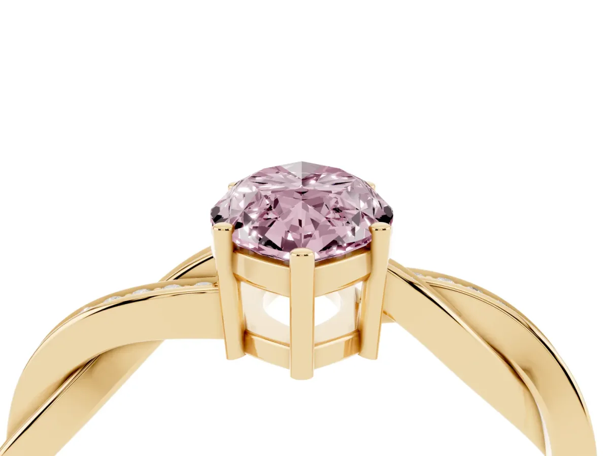 Fancy Pink Marquise Cut Solitaire Twisted Pave Diamond Ring with Four-Prong Setting Yellow gold