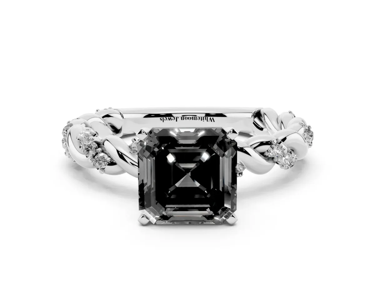 Fancy Black Asscher Cut Diamond Solitaire Ring with Twisted Band and Pavé Accents Silver
