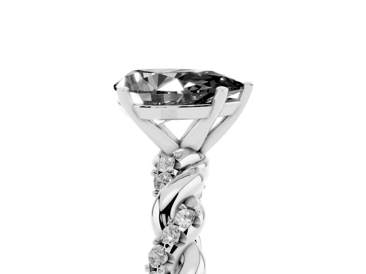 Fancy Black Pear Cut Diamond Solitaire Ring with Twisted Band and Pavé Accents Silver