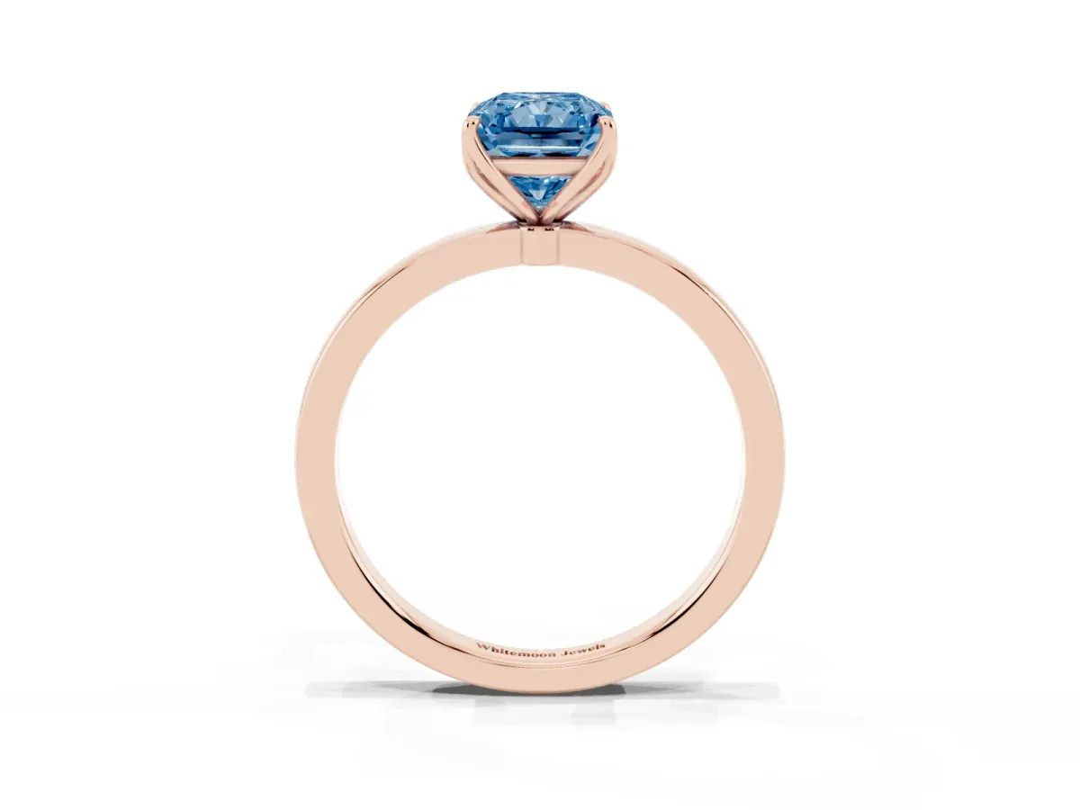 Fancy Blue Radiant Cut Diamond Solitaire Ring with Thin Band and Prong Setting Rose gold