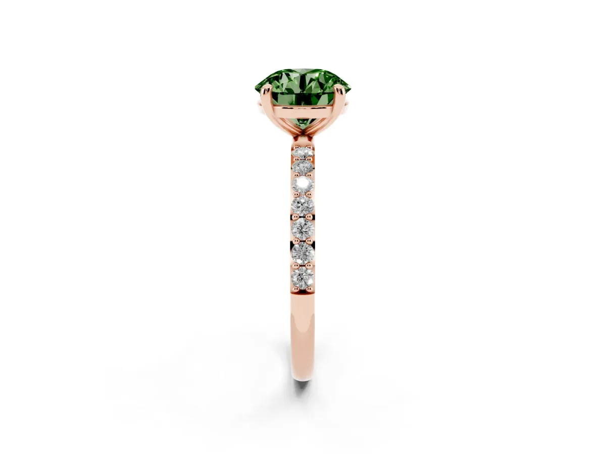 Fancy Green Round Cut Diamond Solitaire Ring with Round Pavé Band and Prong Setting Rose gold
