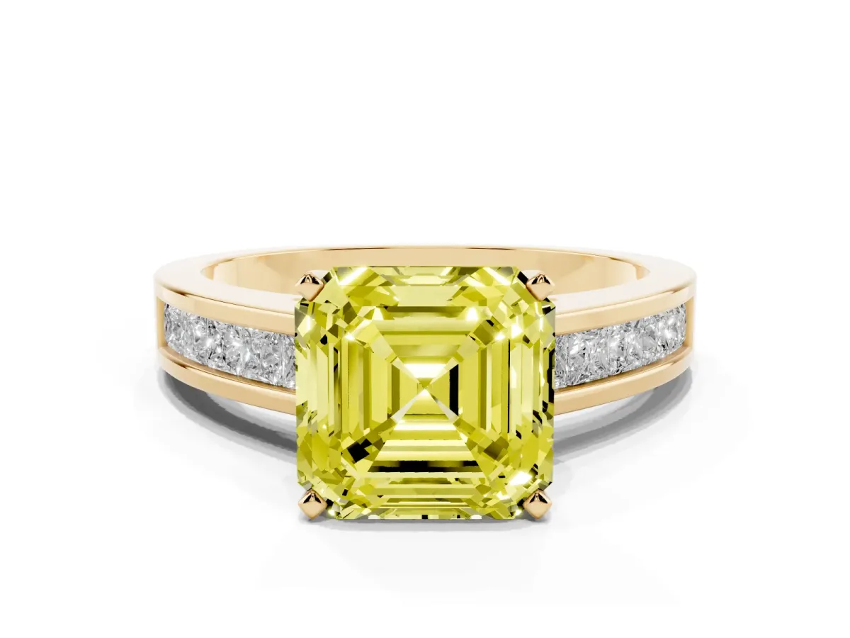 Fancy Yellow Asscher Cut Solitaire Diamond Ring with Channel-Set Band and Four-Prong Setting Yellow gold