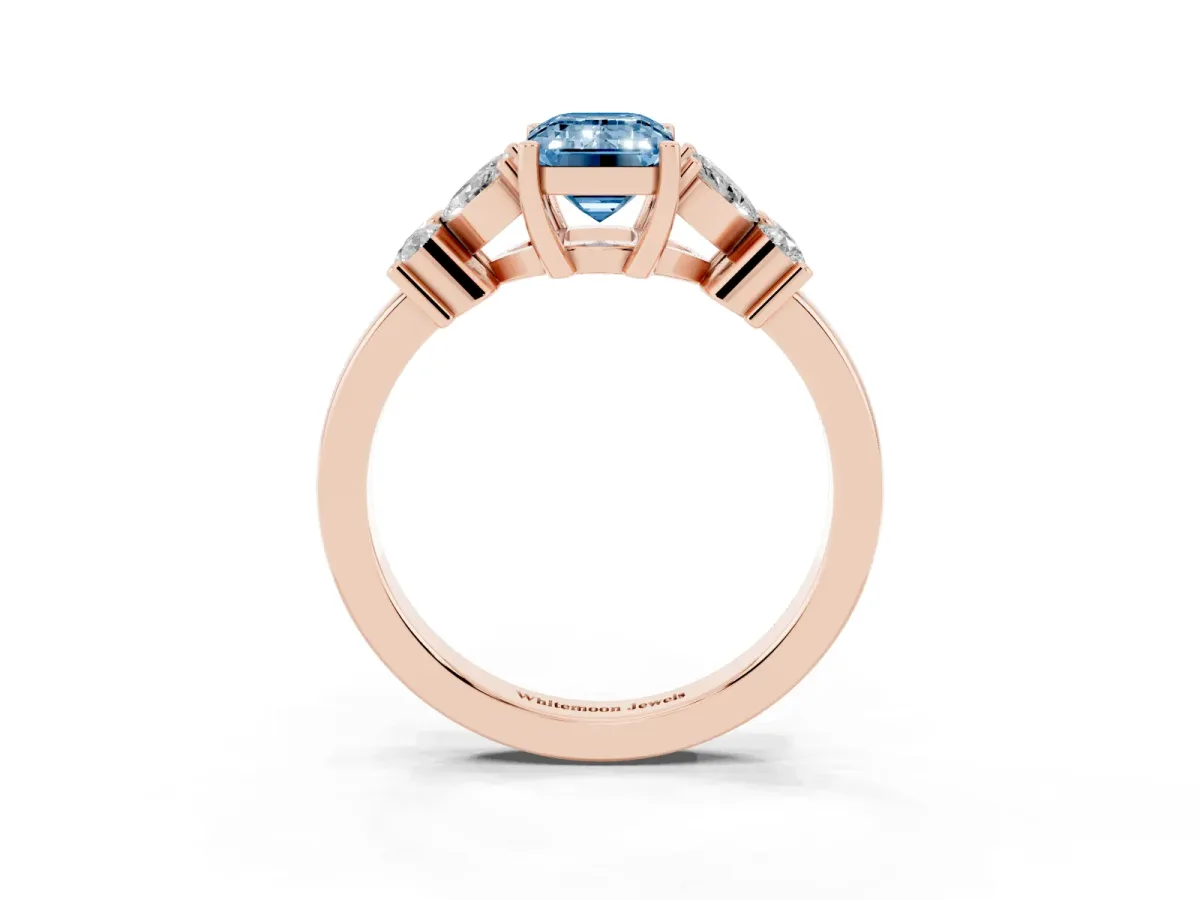 Fancy Blue Emerald Cut Diamond Floral Cluster Ring with Solitaire Band and Prong Setting Rose gold
