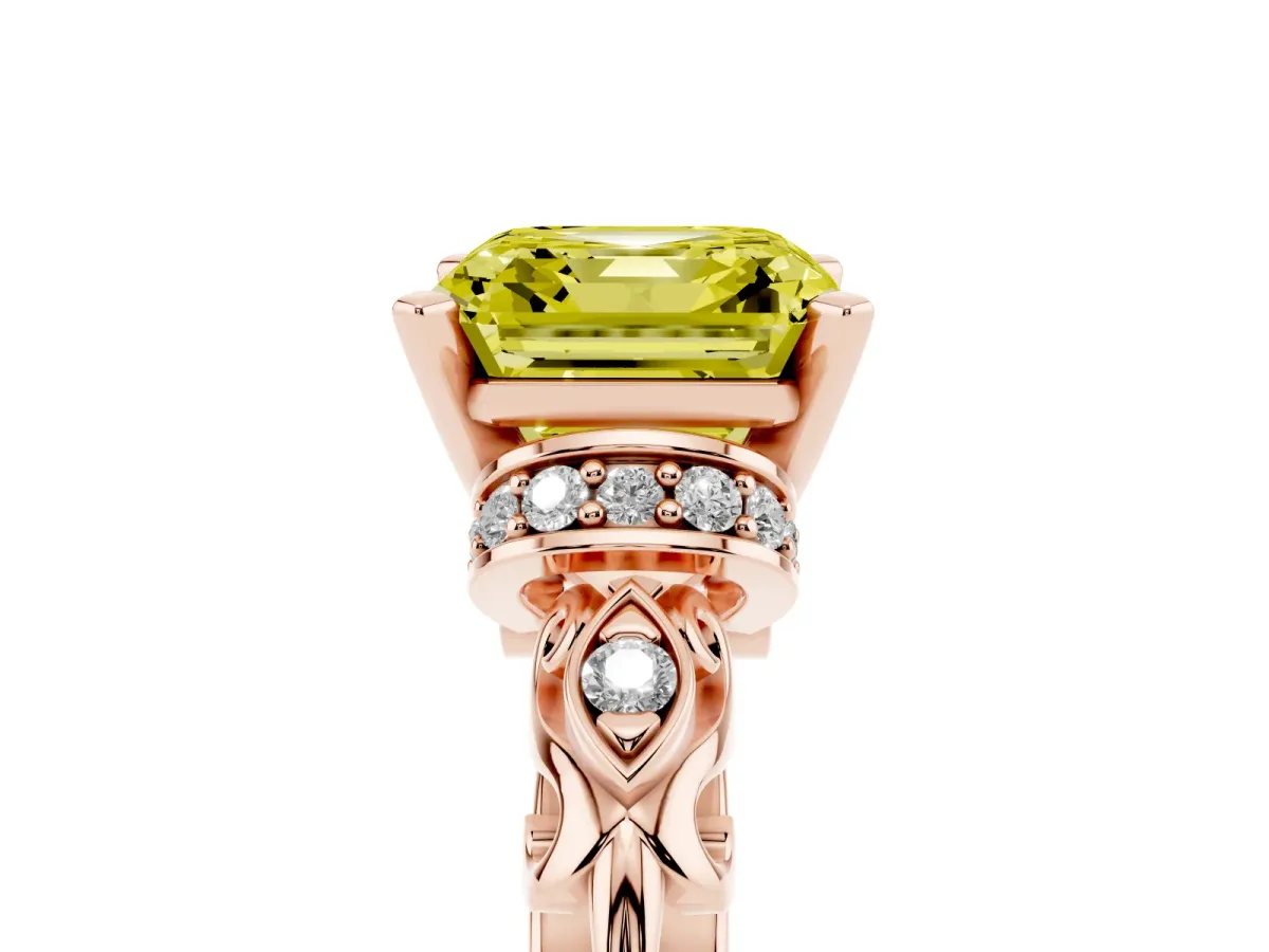 Fancy Yellow Asscher Cut Diamond Solitaire Ring with Filigree Band and Four-Prong Setting Rose gold