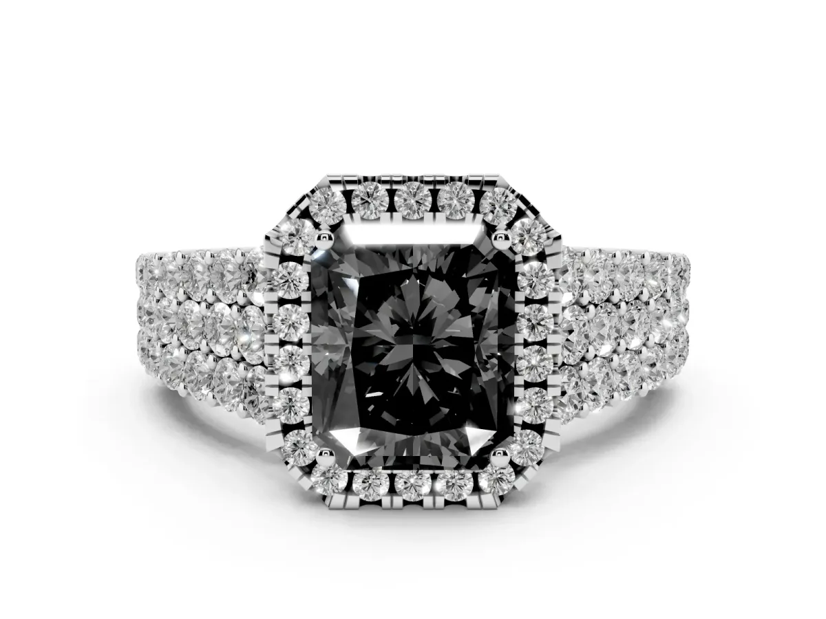 Fancy Black Radiant Cut Diamond Halo Engagement Ring with Triple Row Round Pavé Band and Prong Setting Platinum