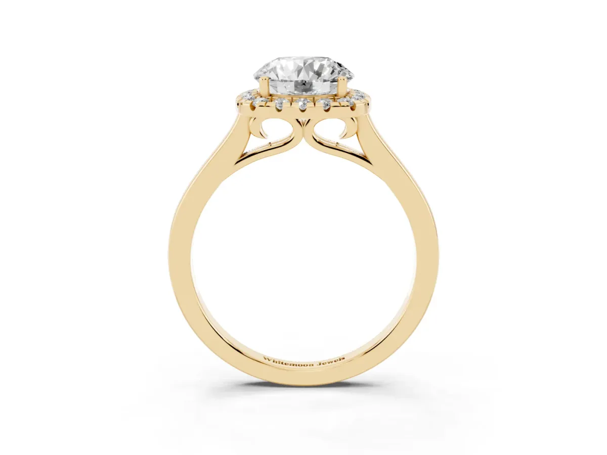 Round Cut Halo Round Diamond Solitaire Ring with Pavé Band and Four-Prong Setting Yellow gold