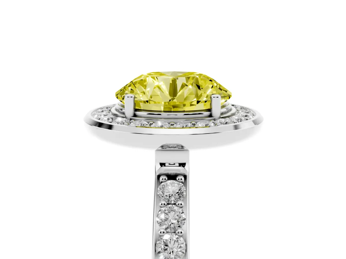 Fancy Yellow Round Cut Diamond Halo Ring with Bezel Frame and Pavé Band Silver