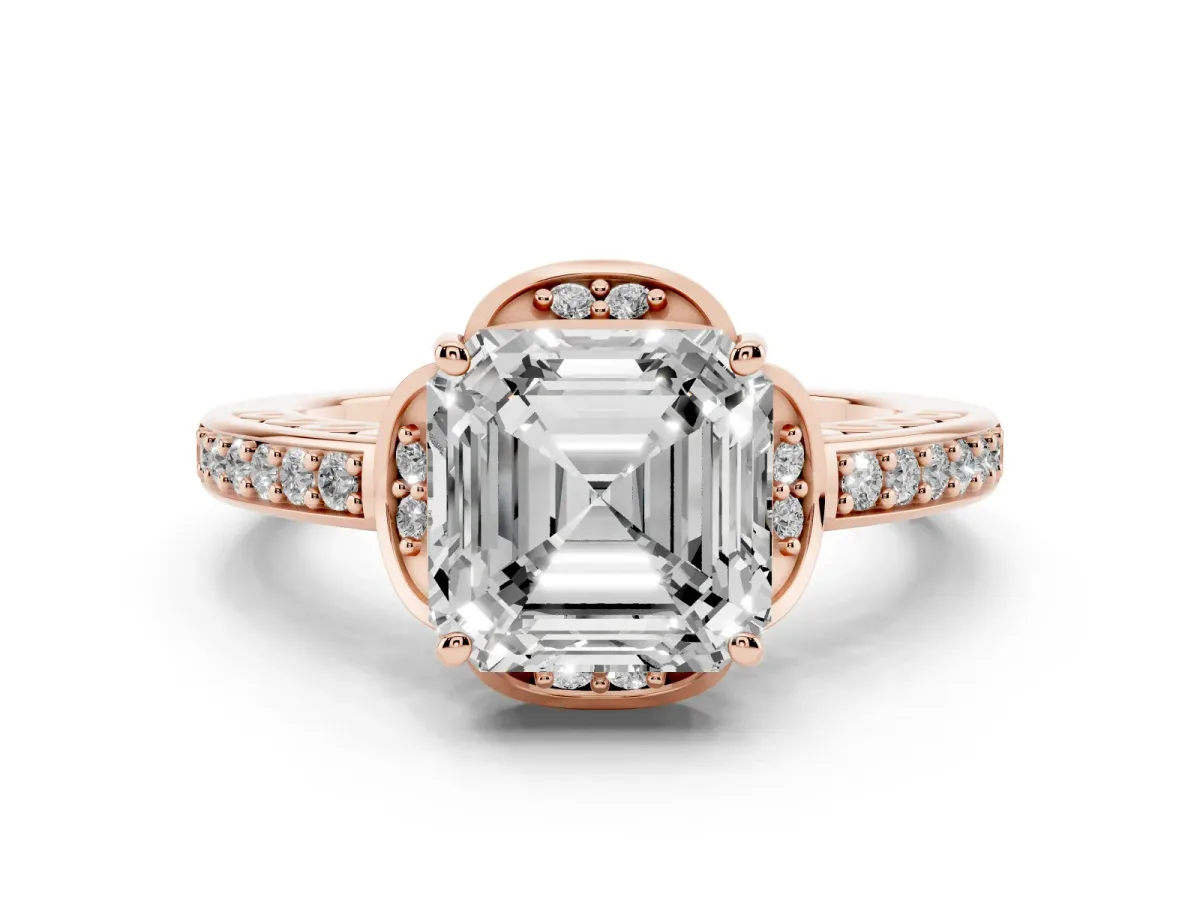 Asscher Cut Cut Halo Diamond Ring with Channel Set Band and Four-Prong Setting Rose gold