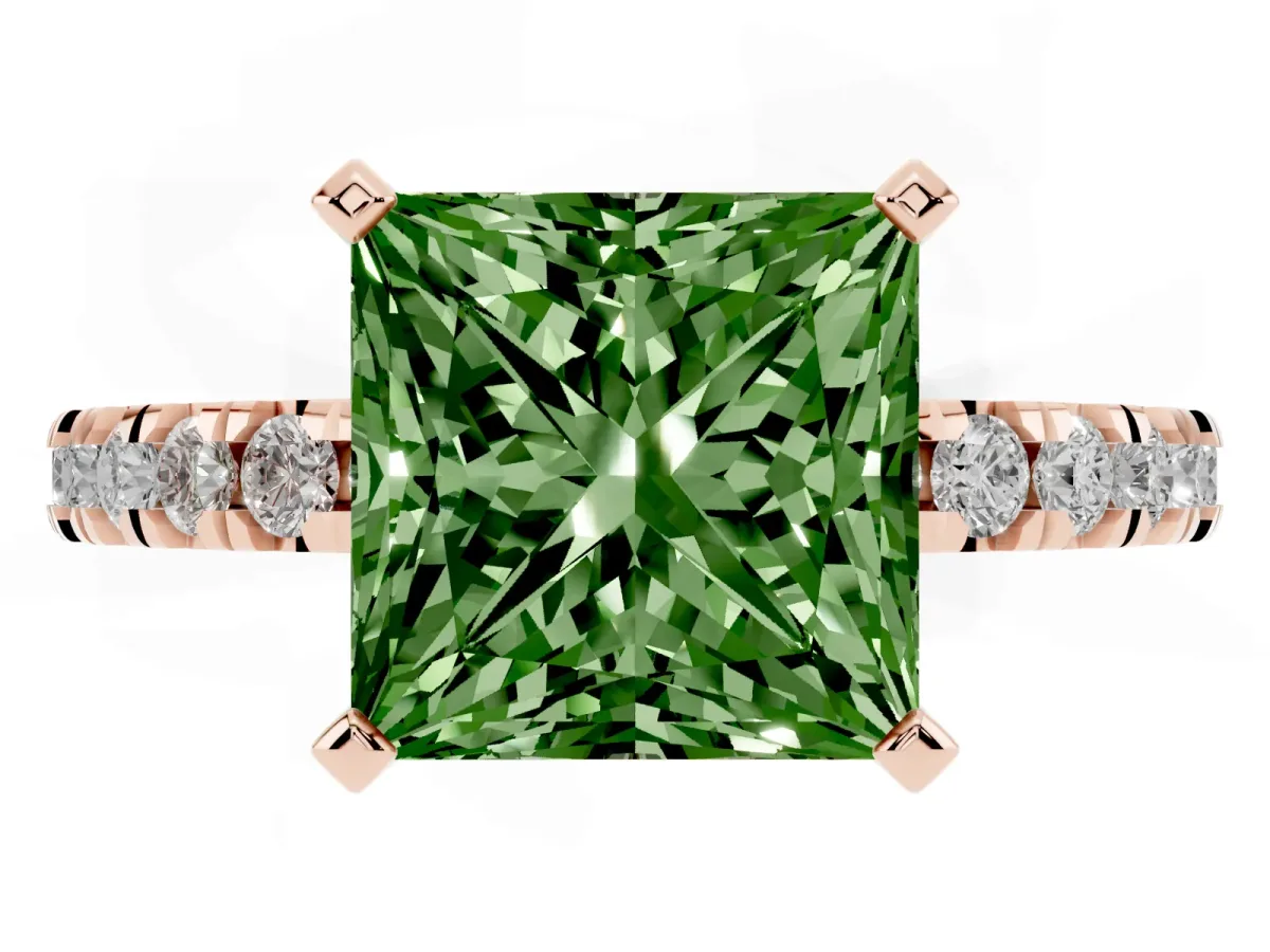 Fancy Green Princess Cut Diamond Pavé Band Solitaire with Four-Prong Setting Rose gold