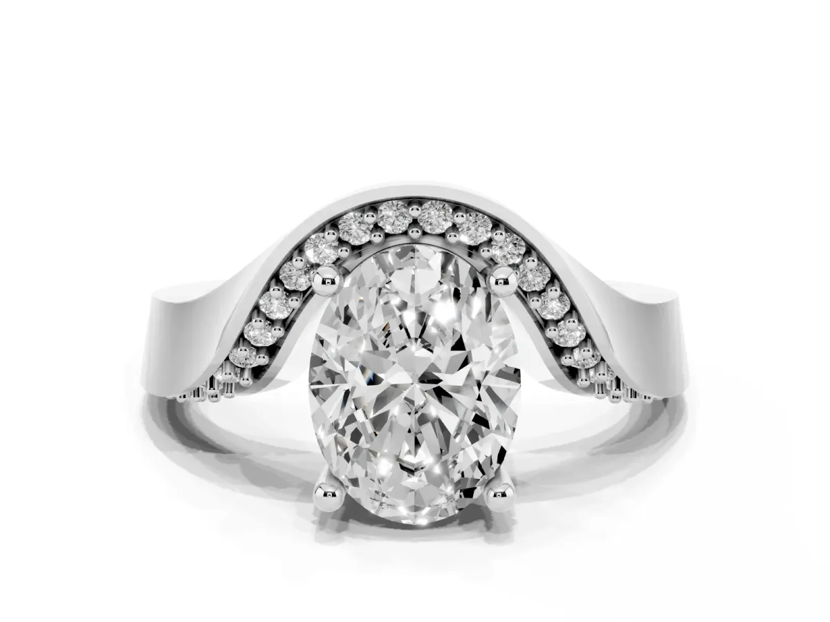 Oval Cut Solitaire Diamond Engagement Ring with Pave Band and Four-Prong Setting Silver