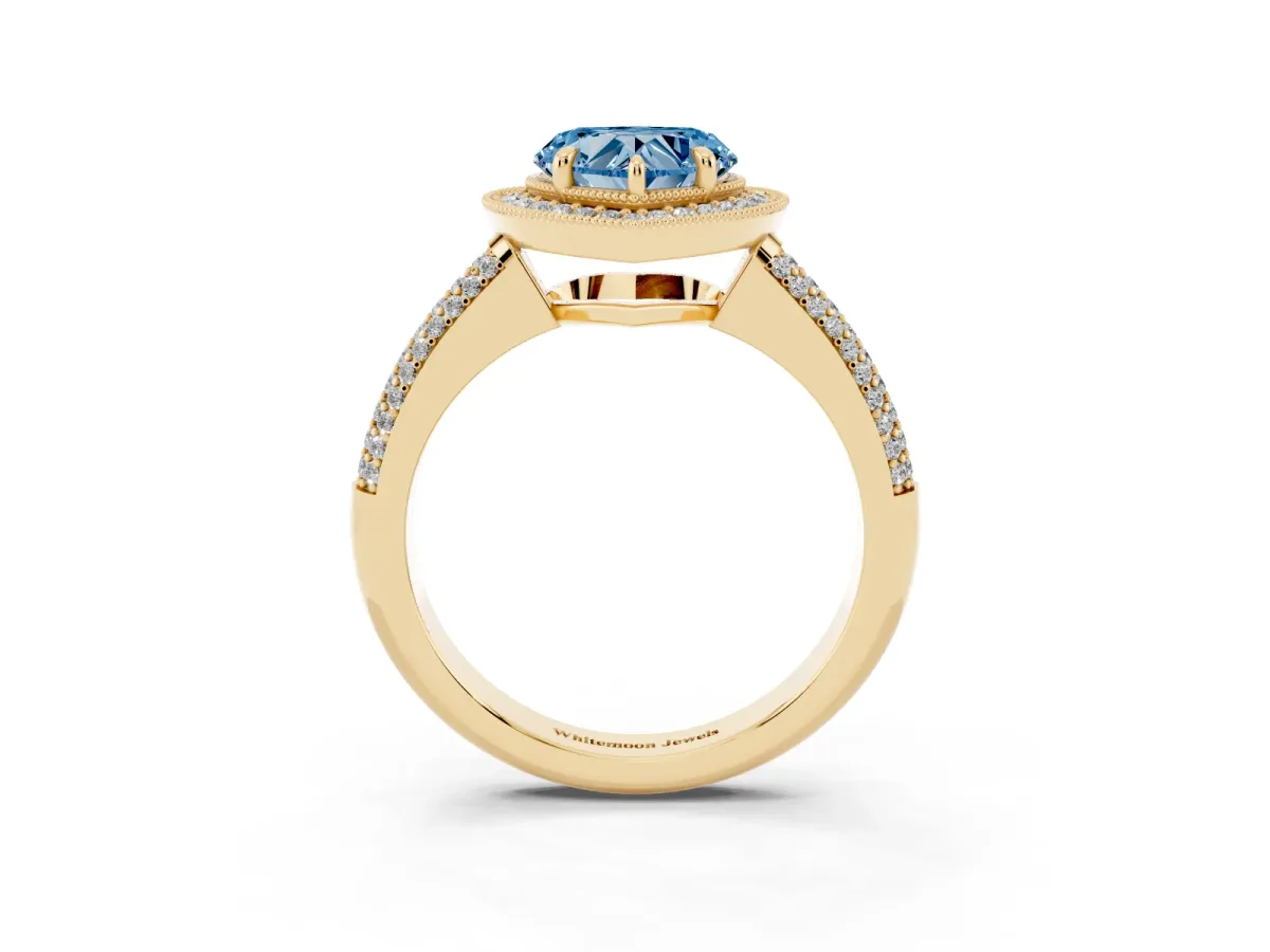 Fancy Blue Heart Cut Cut Halo Diamond Pave Band with Four-Prong Setting Yellow gold