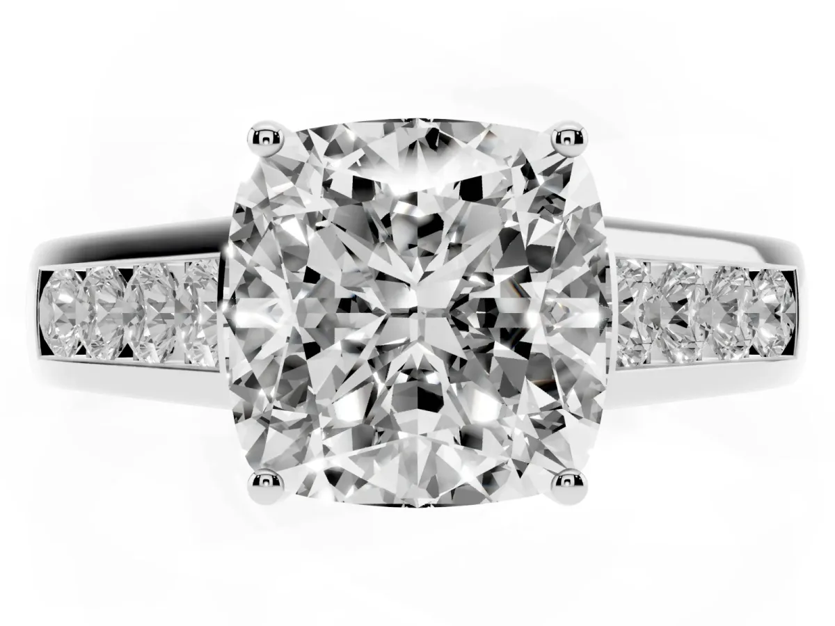 Cushion Cut Solitaire Channel-Set Diamond Engagement Ring with Four-Prong Setting Silver