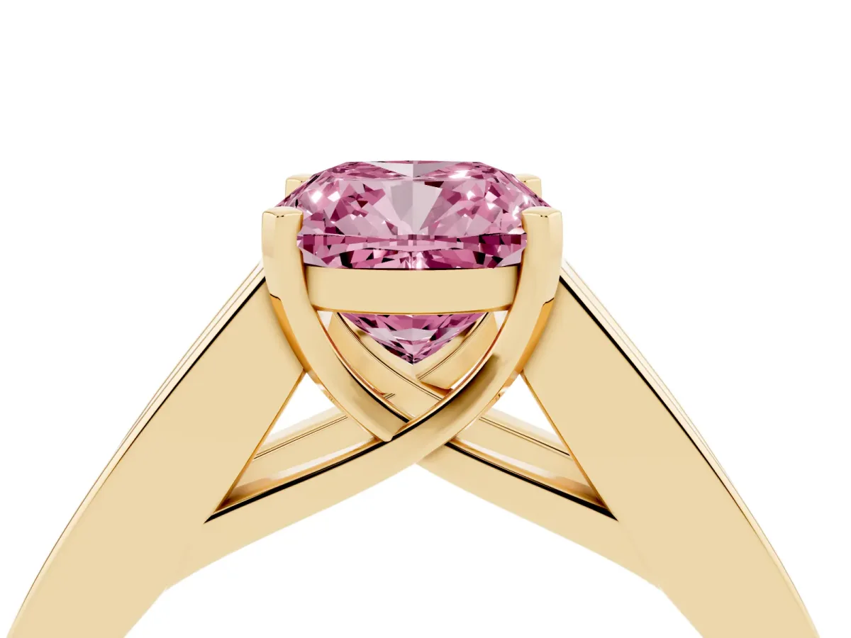 Fancy Pink Cushion Cut Cut Channel Set Solitaire Ring with Four-Prong Setting Yellow gold