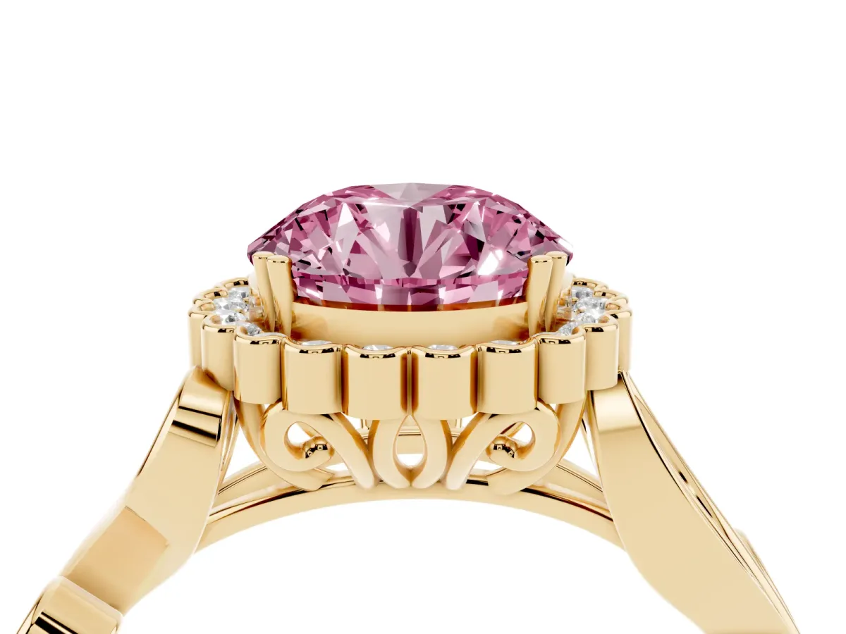 Fancy Pink Round Cut Diamond Halo Ring with Vintage Split Shank and Four-Prong Setting Yellow gold