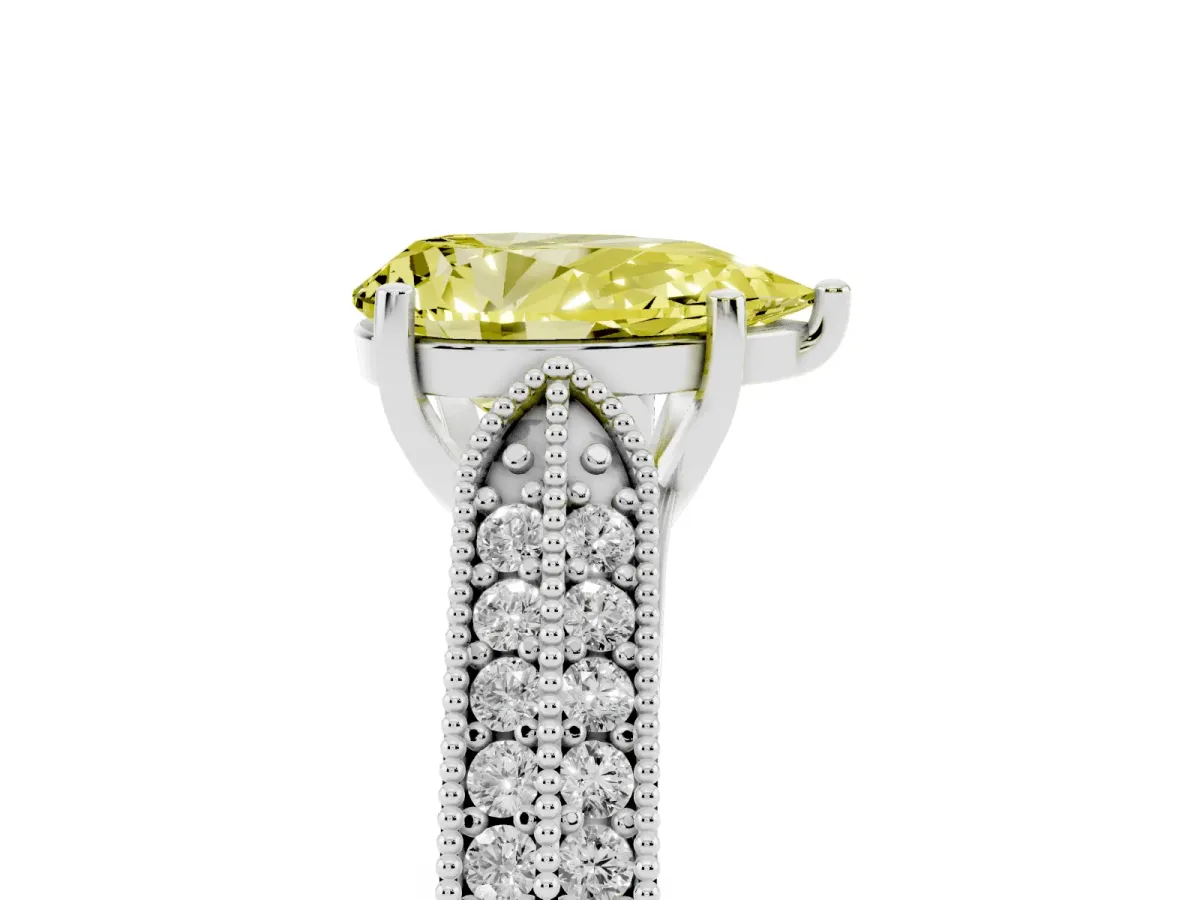 Fancy Yellow Pear Cut Cut Pave Split Shank Engagement Ring with Four-Prong Setting White gold