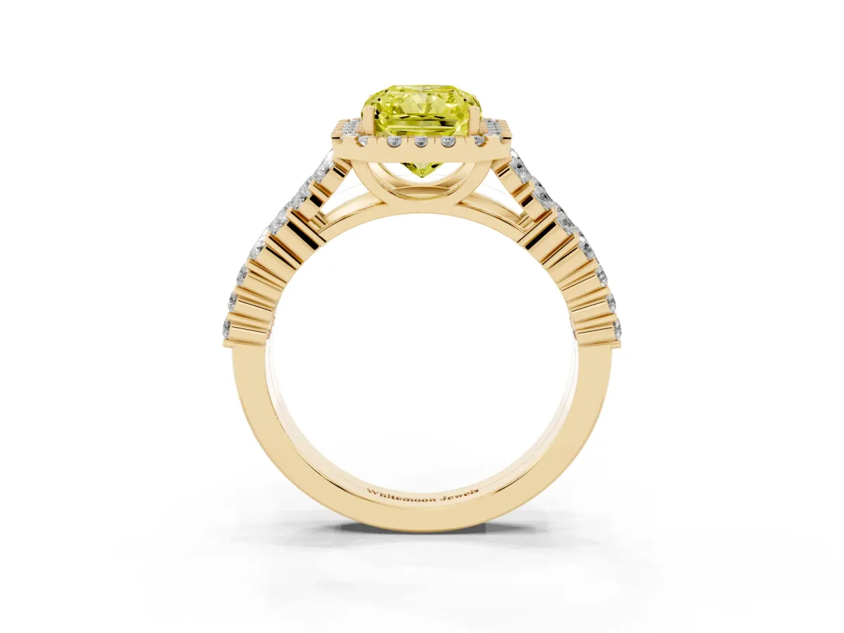 Fancy Yellow Radiant Cut Diamond Halo Engagement Ring with Triple Row Round Pavé Band and Prong Setting Yellow gold