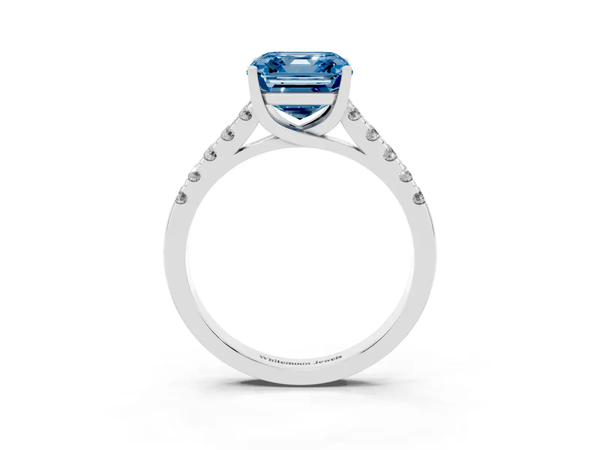 Fancy Blue Asscher Cut Diamond Pavé Band Solitaire Ring with Prong Setting Silver