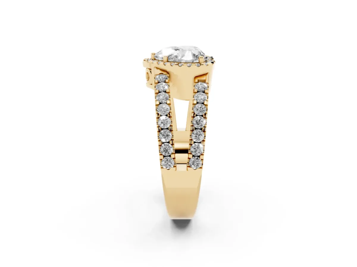 Heart Cut Cut Halo Split Shank Diamond Ring with Four-Prong Setting Yellow gold