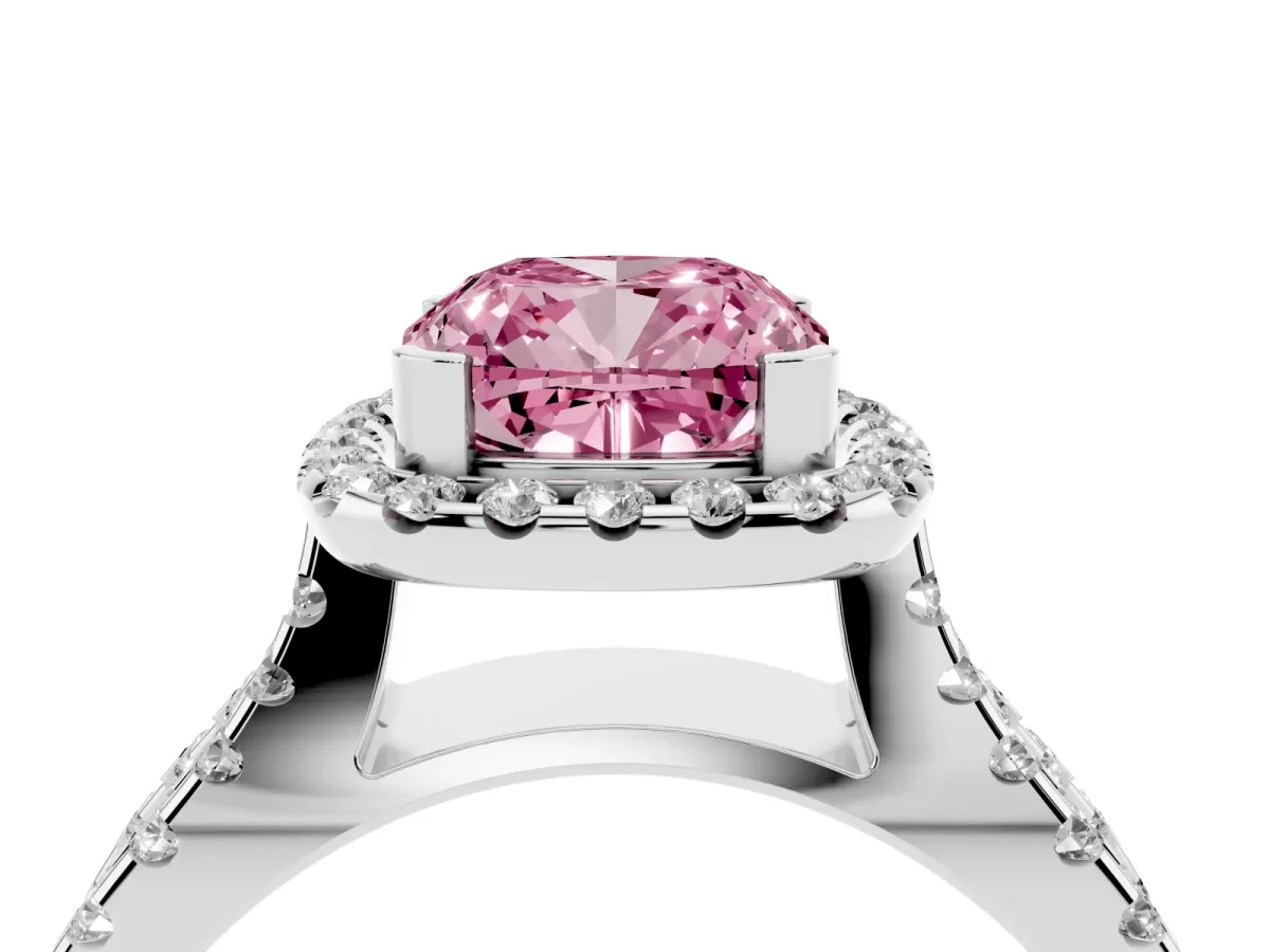 Fancy Pink Cushion Cut Diamond Halo Ring with Split Shank Pavé Band and Prong Setting Platinum