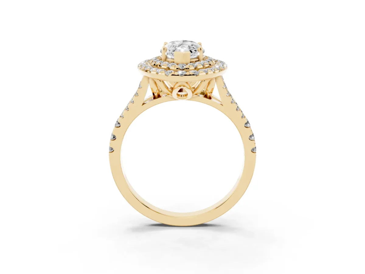 Double Halo Marquise Cut Diamond Pavé Split Shank Ring with Prong Setting Yellow gold