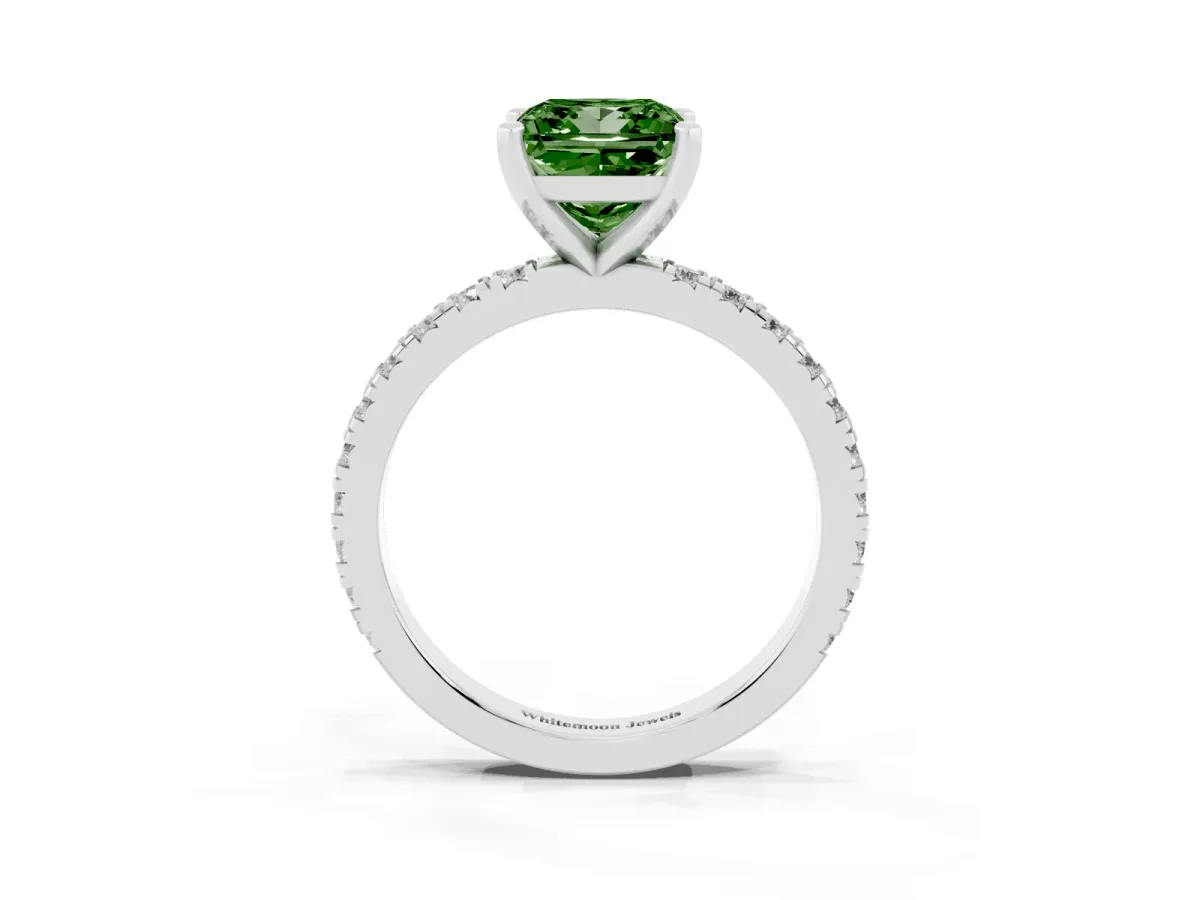 Fancy Green Princess Cut Diamond Pavé Band Solitaire with Four-Prong Setting White gold