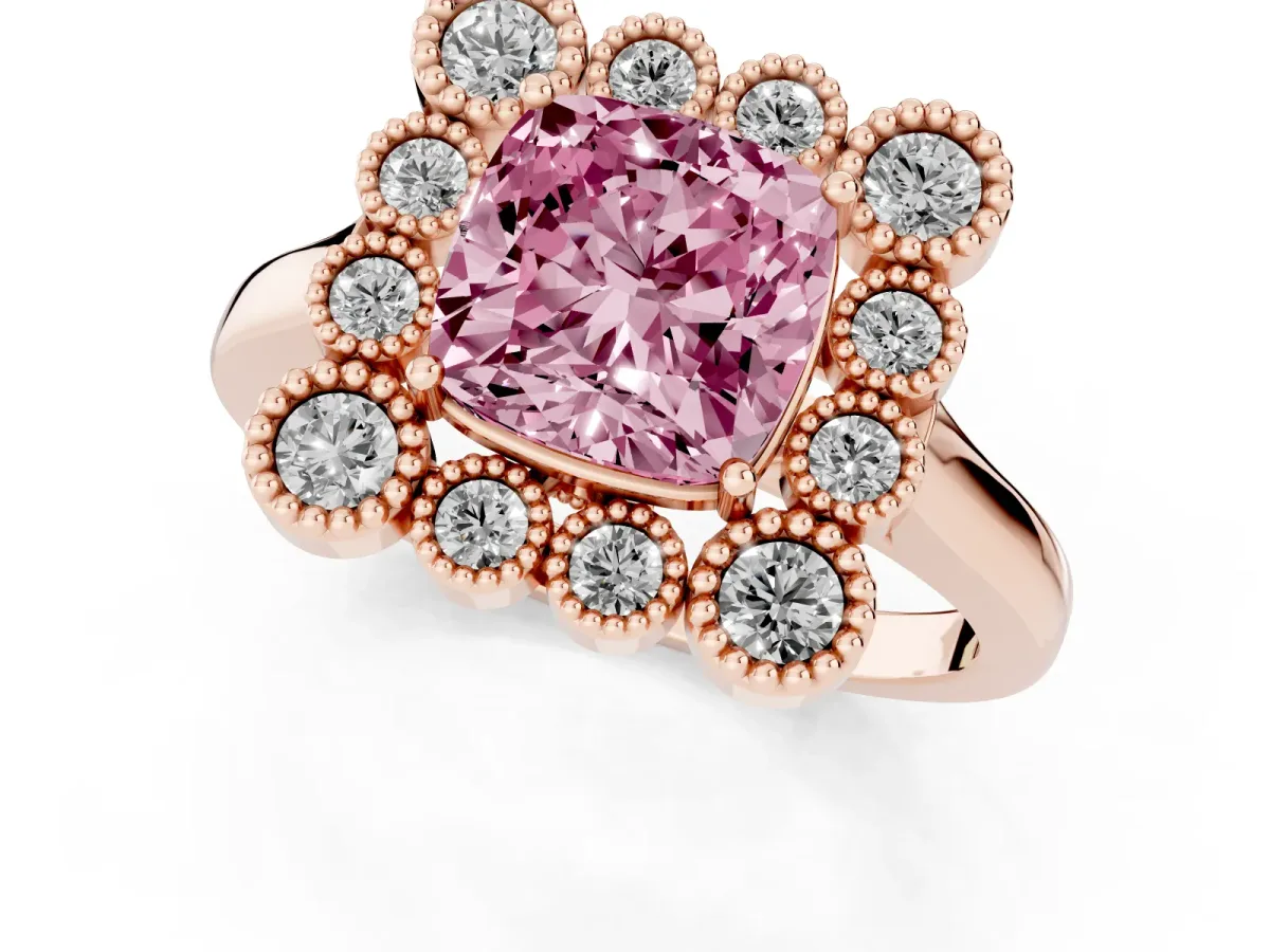 Fancy Pink Cushion Cut Halo Diamond Cluster Engagement Ring with Milgrain Bezel Setting and Solitaire Band Rose gold