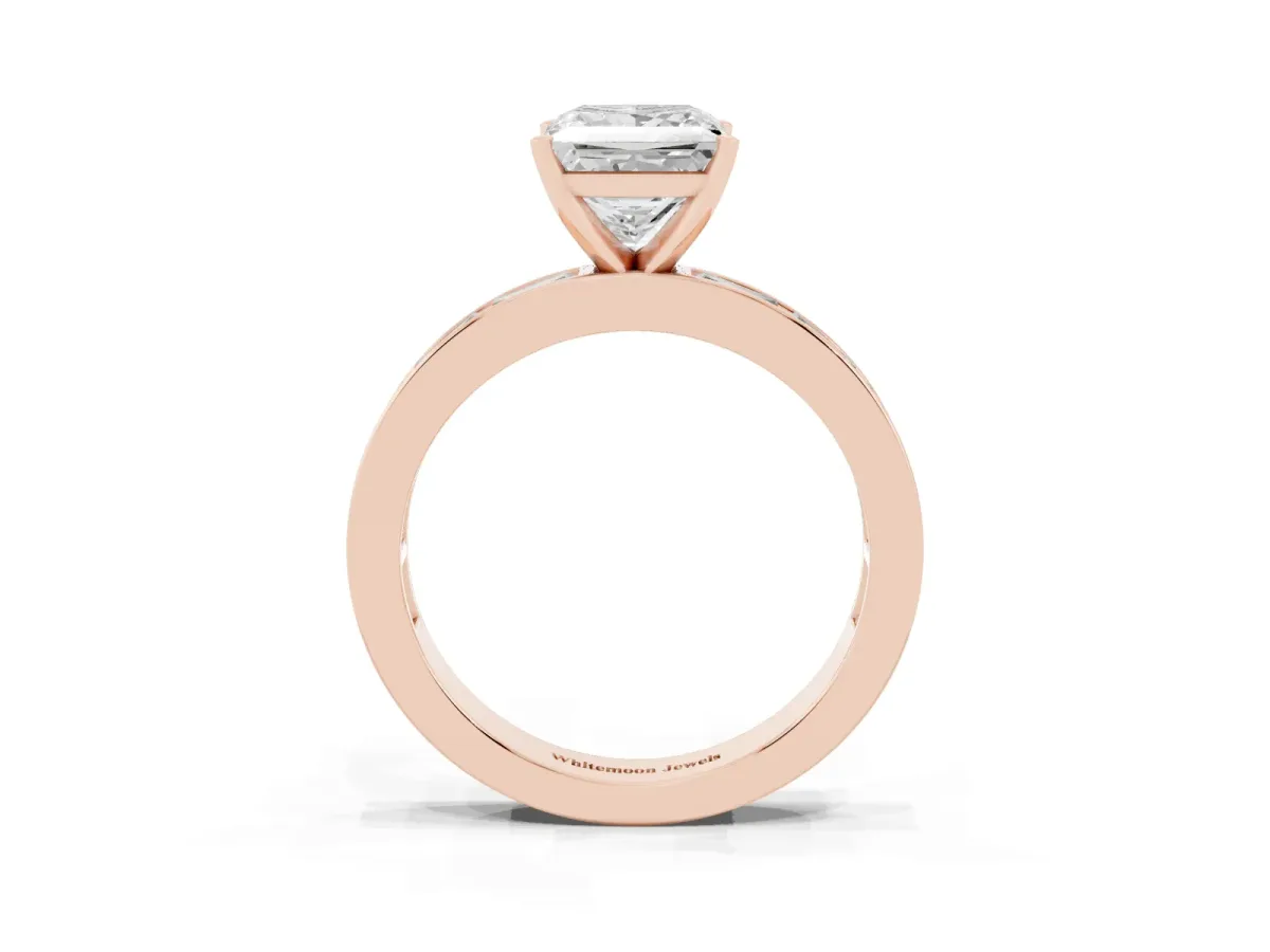 Princess Cut Solitaire Diamond Ring with Channel-Set Baguette Band and Four-Prong Setting Rose gold