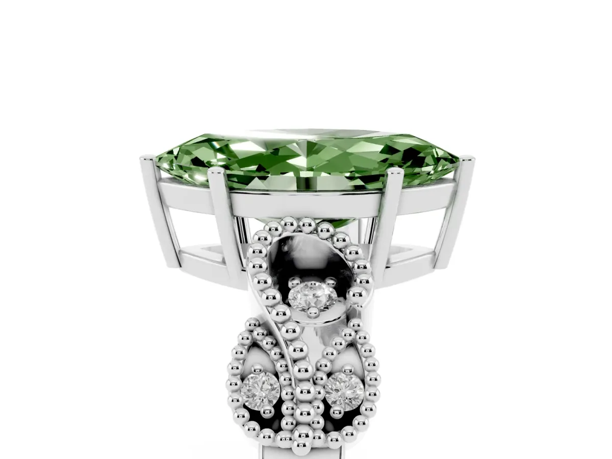 Fancy Green Marquise Cut Solitaire Milgrain Leaf Band with Prong Setting Platinum