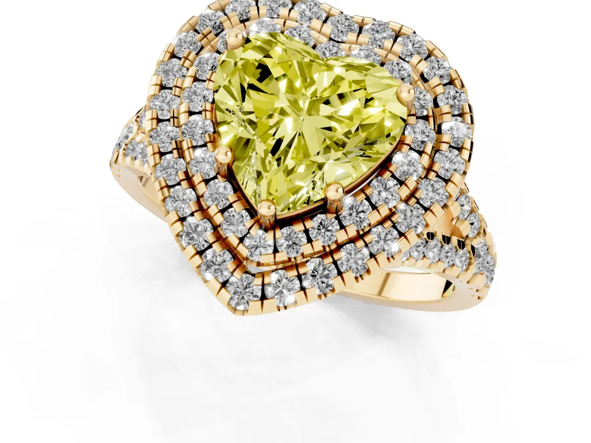 Fancy Yellow Double Halo Heart Cut Diamond Pavé Split Shank Ring with Prong Setting Yellow gold