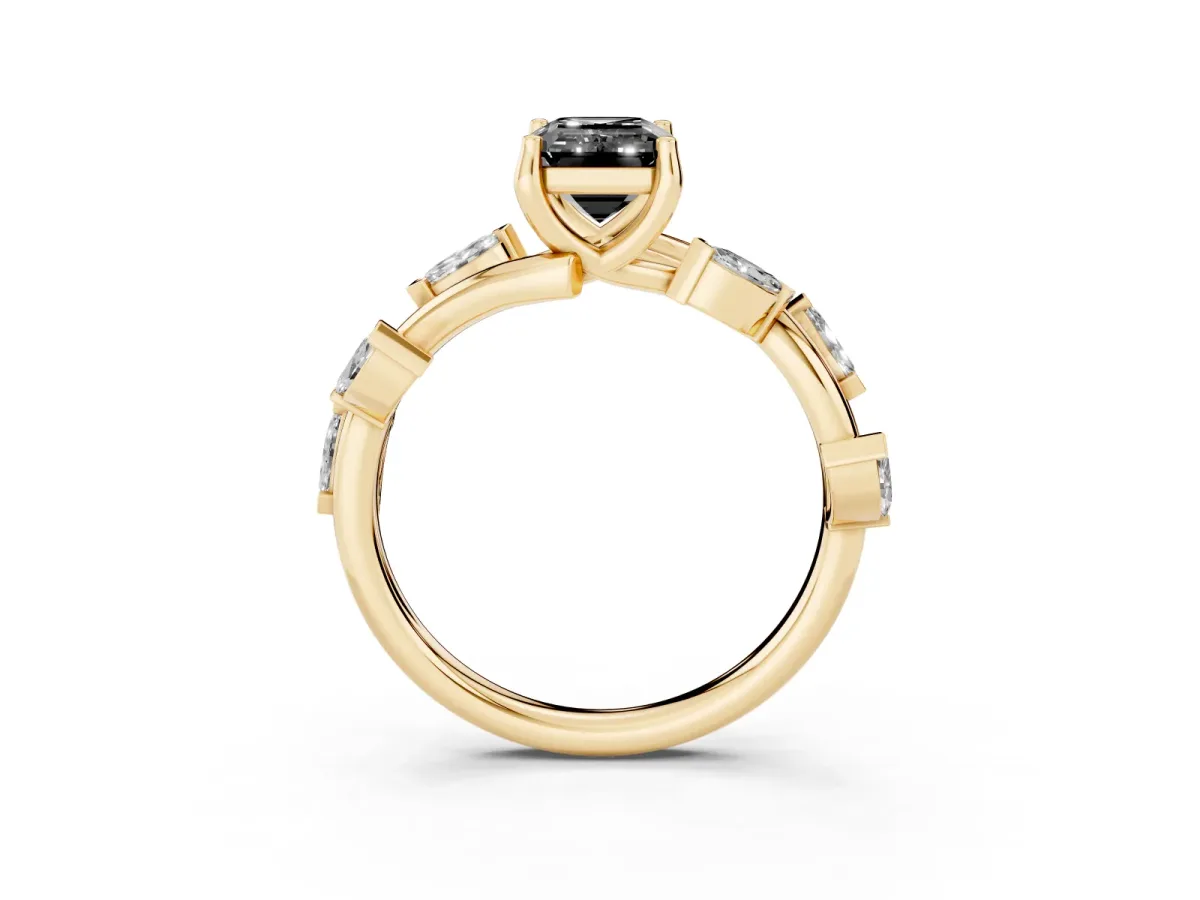Fancy Black Emerald Cut Solitaire Twisted Band Marquise Accent Prong Setting Ring Yellow gold